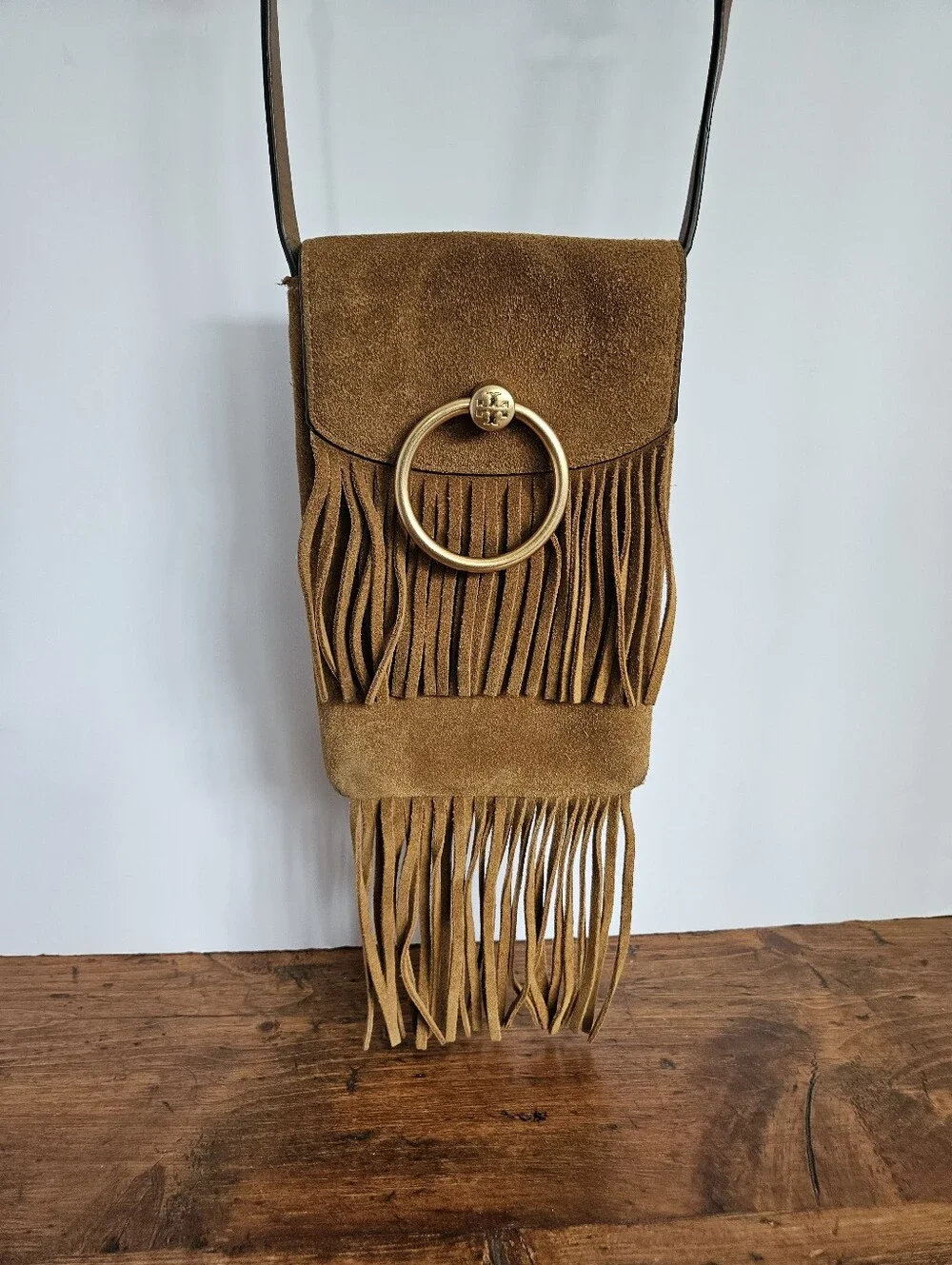 Tory Burch Farrah Suede Fringe Crossbody Phone Bag Pouch Purse Brown
